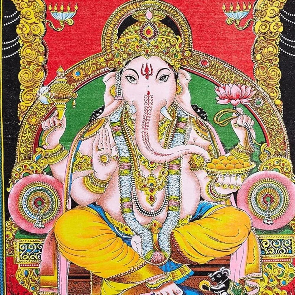 Lord Ganesha Deity Sequin Tapestry Indian God Batik Cotton Wall Hanging 43